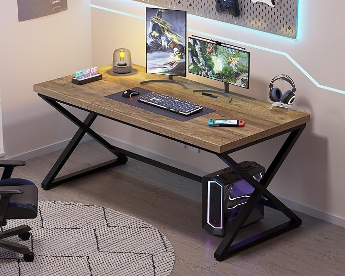 IBF 60” Rustic Computer Desk, Modern Wood Metal Home Office Desk, Farmhouse Work Desk for Writing Study in Bedroom, Minimalist Laptop Executive Workstation Computer Gaming Table, Rustic Oak, 60 in