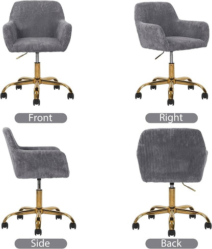 KCC Corduroy Fabric Vanity Makeup Desk Chair, Fluffy Swivel Modern Armchair with Wheels, Upholstered Fuzzy Height Adjustable for Girls Home Office, Gray