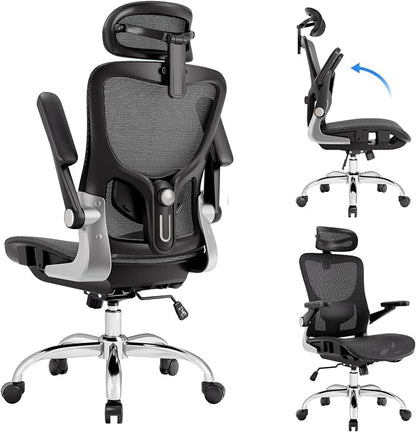 marrap Ergonomic Office Chair, Mesh Seat Cushion with 3D Armrests and 3D Headrest, Adjustable Lumbar Support with 90-120° Rocking Function for Home Office, Black