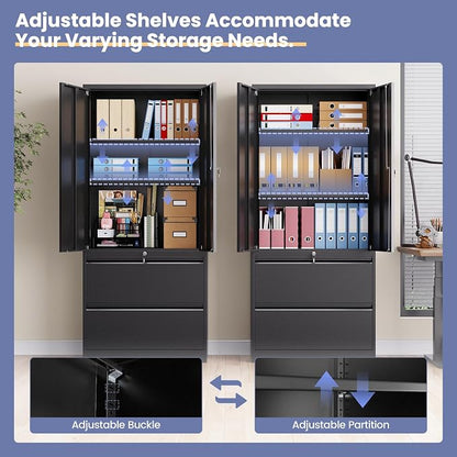 2 Drawer Lateral File Cabinet, Office Storage Cabinet with 2 Wide&Deep Drawers and Locking Doors, Black Metal Cabinet with Adjustable Shelves for Home Office, Fits A4/Letter/Legal Size Folders