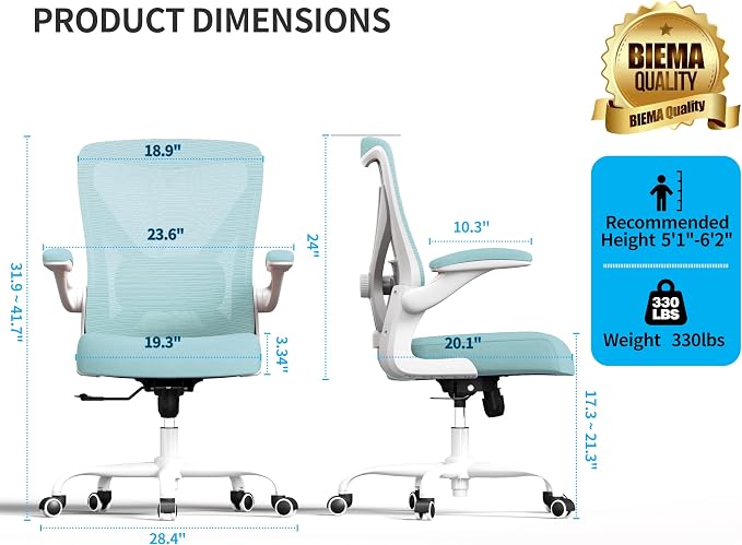 Office Chair - Ergonomic Desk Chair with Adjustable Lumbar Support, Mesh Computer Chair, Executive Office Chairs for Adults, Wide Seat Office Chair Back Support for Tall Men (Mint Green)