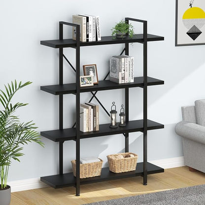 HSH 4 Tier Black Bookshelf, Industrial Metal Wood Storage Book Shelves, Modern Open 4 Shelf Bookcase and Display Etagere, Vertical Book Shelf for Bedroom Living Room Office