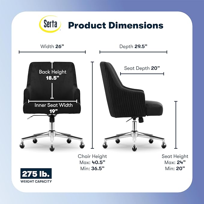 Serta Scarlett Modern Office Chair, Pleated and Curved Mid-Back Desk Chair, Pocket Coil Seat Cushion, Padded Armrests, Vanity Armchair with Wheels, Swivel Chrome Base, Black Velvet Fabric