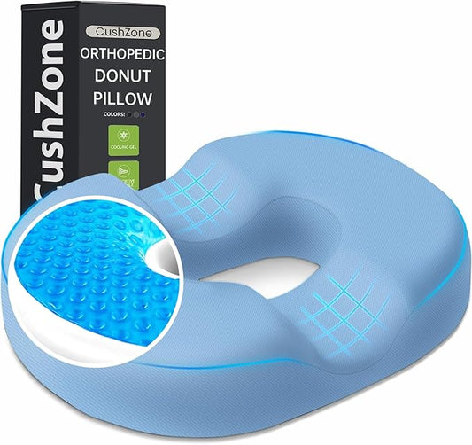 Donut Pillow Seat Cushion - Cooling Gel Donut Chair Cushions, Memory Foam Seat Cushion for Office & Home, Car Seat Cushion and Butt Pillow, Hemorrhoids Pillow and Tailbone Pain Relief, Light Blue