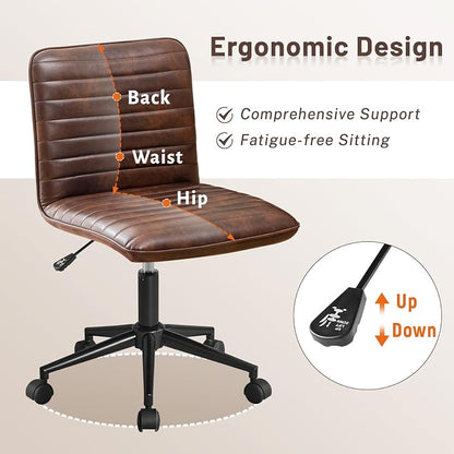 Furniliving Leather Home Office Chair, Armless Vanity Desk Task Chair with Wheels 360° Swivel Computer Rolling Desk Chair with Back, Adjustable Accent Chair with Base Stool