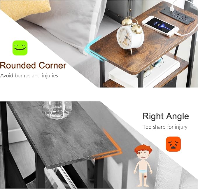 LOAKEKEL Narrow Nightstand with Charging Station, End Tables Living Room Set of 2, Skinny Side Table with Fabric Drawers, Small Sofa Table with LED Light for Bedroom, Brown, HETNDP02LBR
