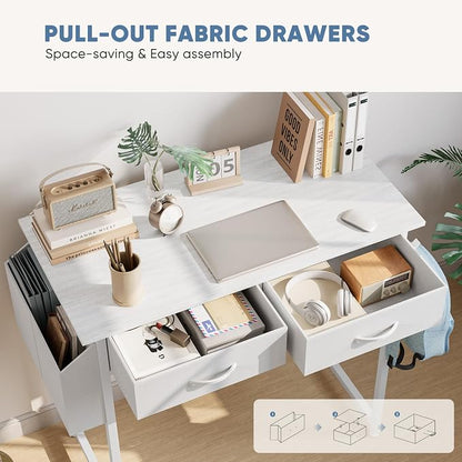 32" Small Gaming Desk with Drawers, Home Office Computer Writing Study Table with Storage Side Bag, Headphone Hook, and Adjustable Feet for Bedroom, White