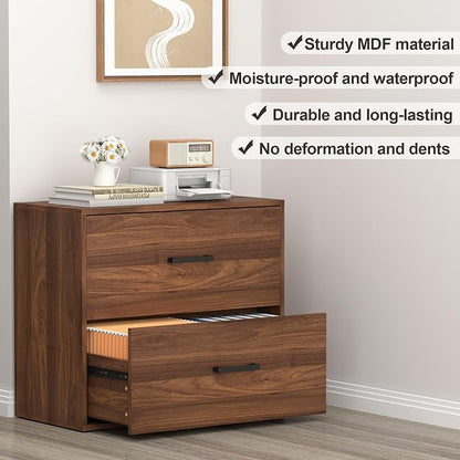 2 Drawer File Cabinet, Wood Lateral Filing Cabinets, Wide Office File Cabinet with Drawer for Hanging Files/Letter Size Printer Stand for Home Office School, Assembly Required, Walnut