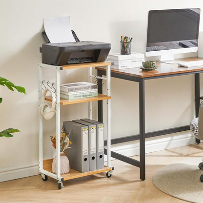 YMYNY Mobile Printer Stand, 3-Tier Printer Cart with Adjustable Storage Shelf and 6 S-Hooks, Tall Printer Table for Home Office, for Computer Tower Stand, Shredder, CPU Stand, Natural, UHPT002N