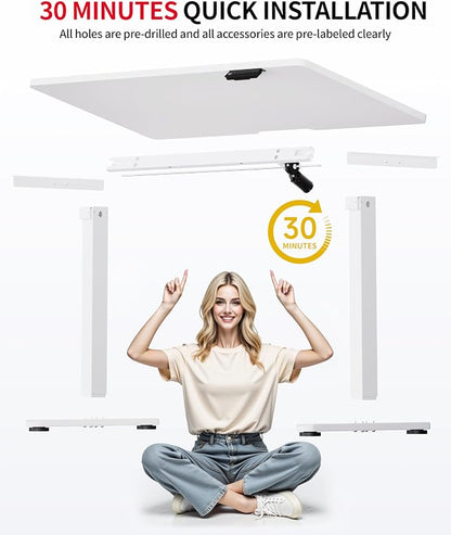 Okin Standing Desk Electric Adjustable Computer Whole Piece Stand up Desk Office Gaming Home Office Memory Desks 48x24 inches White