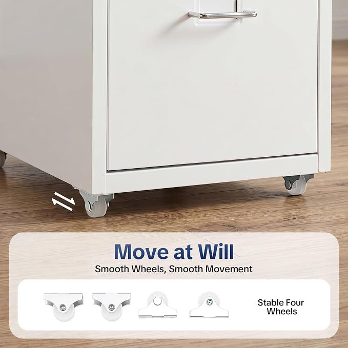 3-Drawer Vertical File Cabinet, 11*16*18.3in Rolling File Cabinet, Mobile Organizer Storage Cabinet with Lock, Office Filing Storage Cabinet Under Desk fits A4 Size, for Home Office (White)