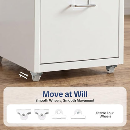 3-Drawer Vertical File Cabinet, 11*16*18.3in Rolling File Cabinet, Mobile Organizer Storage Cabinet with Lock, Office Filing Storage Cabinet Under Desk fits A4 Size, for Home Office (White)