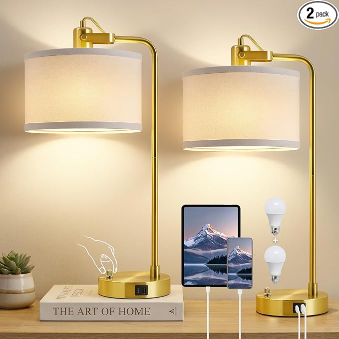 24‘’ Gold Table Lamp Set of 2 with USB A and C Ports, 180° Adjustable Stepless Dimming Bedside Lamps for Night Stands, E26 Bare Bulb Compatible, Industrial Nightstand Lamp, 9W LED Bulb Included