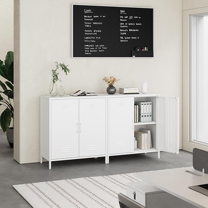 Steehoom Metal Cabinet with 2 Door and Adjustable Shelf, Metal Locker Horizontal White Storage Cabinet for Home, Office, School, Entryway, Garage (White, H35.43'')