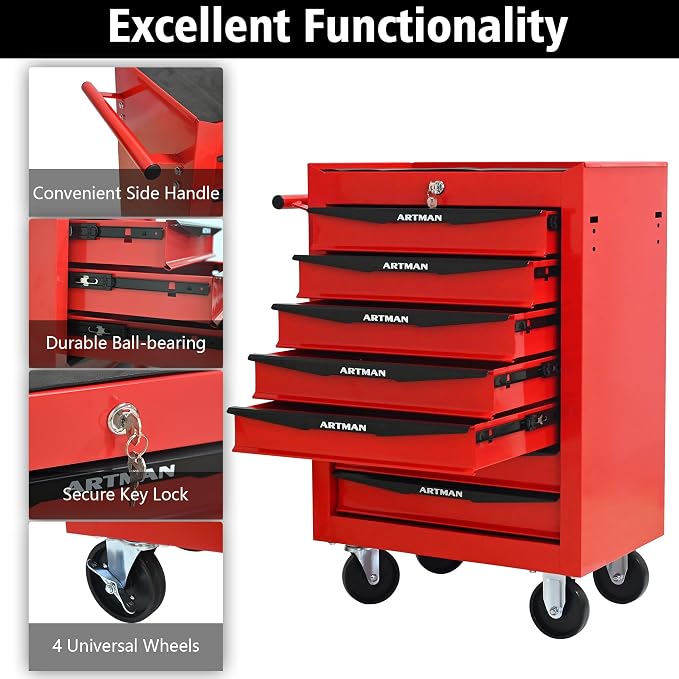 RYH 7 Drawers Rolling Tool Chest - Heavy Duty Mobile Tool Cart with Locking Wheels & Ball Bearing Drawers,30.5" H x 20.9" W x 13" D Garage Tool Storage Cabinet (Red, 7 Drawers)