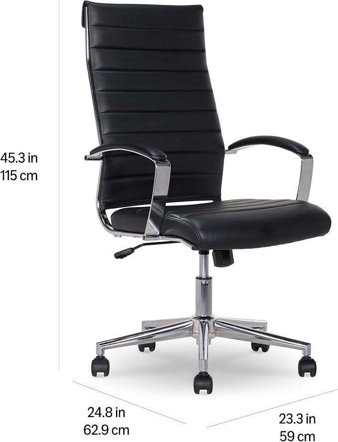Amazon Basics High-Back Swivel Office Chair with Lumbar Support, Ergonomic Ribbed Faux Leather, Adjustable Height, 45.25" x 24.75" x 23.25", Black