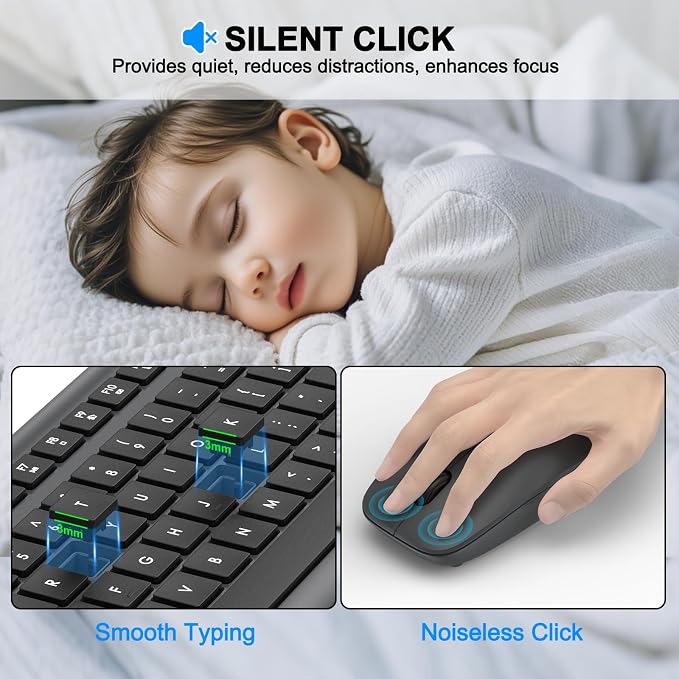 Wireless Keyboard and Mouse Combo, Full-Size Silent Ergonomic Keyboard and Optical Mouse, Long Battery Life, 2.4G Lag-Free Mice Keyboard for Computer, Mac, Laptop, PC, Windows(Gray)