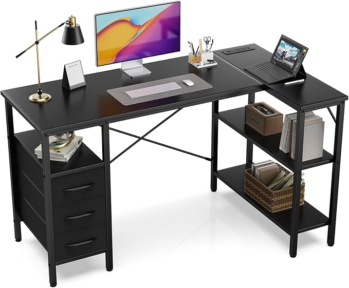 Simple Deluxe L Shaped Gaming Desk with Power Outlets, 47 Inch Computer Desk with 3 Drawers, Shelves, Corner Computer Desk for Gaming, Corner Work, Home Office, Study, Black