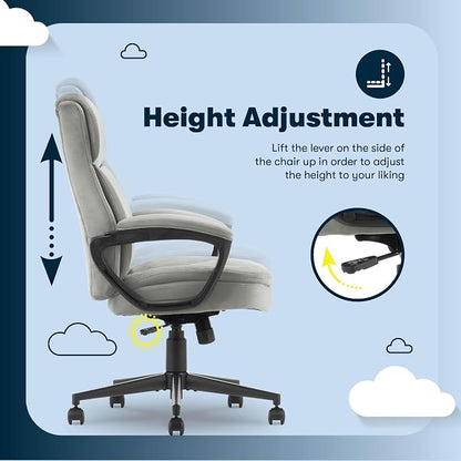 Serta Comfort Ergo Executive Office Chair, Ergonomic Mid-Back Design with Lumbar Support, Semi-Plush Double-Layer Seat Cushion, Padded Armrests, Swivel Metal Base, Soft Velvet, Gray