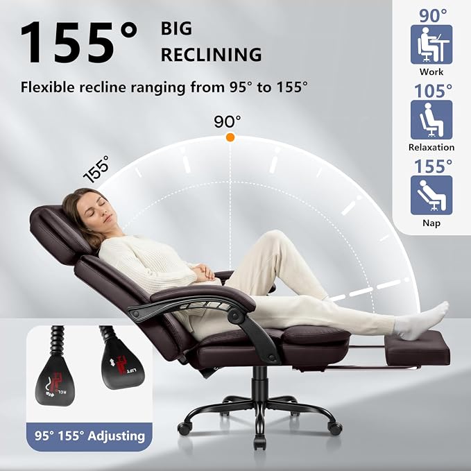 Office Desk Chair with Foot-Rest 400lbs, Heavy Duty Executive Office Chair, Comfy High Back Ergonomic PU Leather Reclining Desk Chair with Lumbar Support, Brown