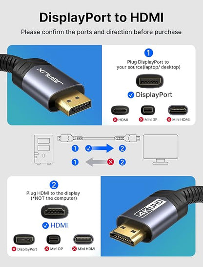 4K DisplayPort to HDMI Cable Adapter 2Pack 6.6FT, JSAUX DP to HDMI Male UHD 4K@30Hz/2K@60/1080P@120 Nylon Braided Uni-Directional HDTV Cord for Dell, Monitor, Projector, Desktop, AMD, NVIDIA,Lenovo,HP