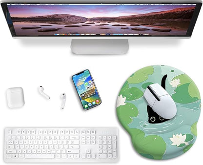 Blusabaca Mouse Pad with Wrist Rest, Cat Lotus Leaf Ergonomic Mouse Pads Wrist Support for Desk, Cute Gaming Mousepad Wireless Mouse Laptop Computer Work Home Desk Accessories Office Supplies Decor