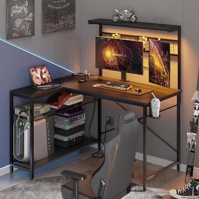 Bestier 42 L Gaming Desk,Computer Desk with Power Outlets, LED Lights, Reversible Corner Desk with 4-Tier Shelves,Cup Holder & Hook Carbon Fiber Black