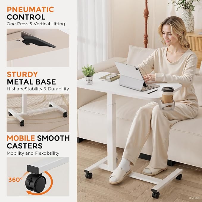 GTPLAYER Small Standing Desk with Lockable Wheels, Pneumatic Mobile Rolling Laptop Desk,Adjustable Height Overbed Bedside Table Computer Workstation for Home Office (32" W x 18" D, White)