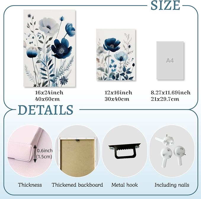 LLEEMPI Framed Navy Blue Floral Wall Art Set of 3, Modern Wildflower Wall Decor, Watercolor Botanical Canvas Paintings, Classic Minimalist Poster Prints for Bedroom Bathroom Office 12x16 Inch
