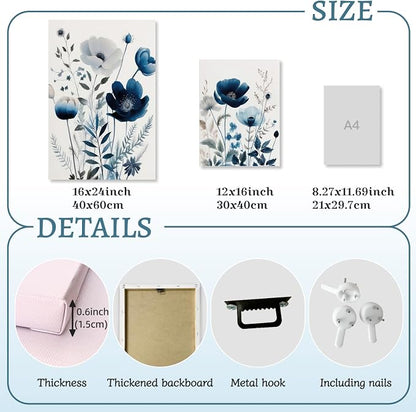 LLEEMPI Framed Navy Blue Floral Wall Art Set of 3, Modern Wildflower Wall Decor, Watercolor Botanical Canvas Paintings, Classic Minimalist Poster Prints for Bedroom Bathroom Office 16x24 Inch