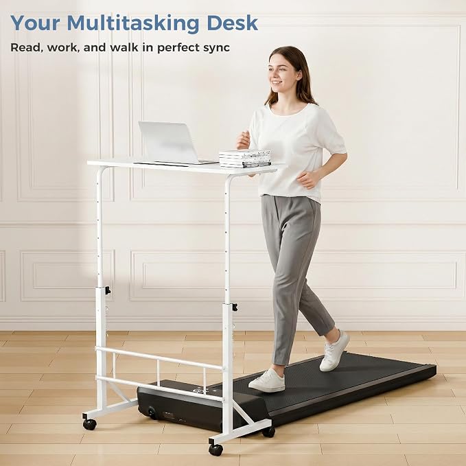 DUMOS 31.5" Walking Pad Desk, Portable Adjustable Height Rolling Laptop Desk with Lockable Wheels, Mobile Stand Up Computer Workstation for Treadmill Home Office White