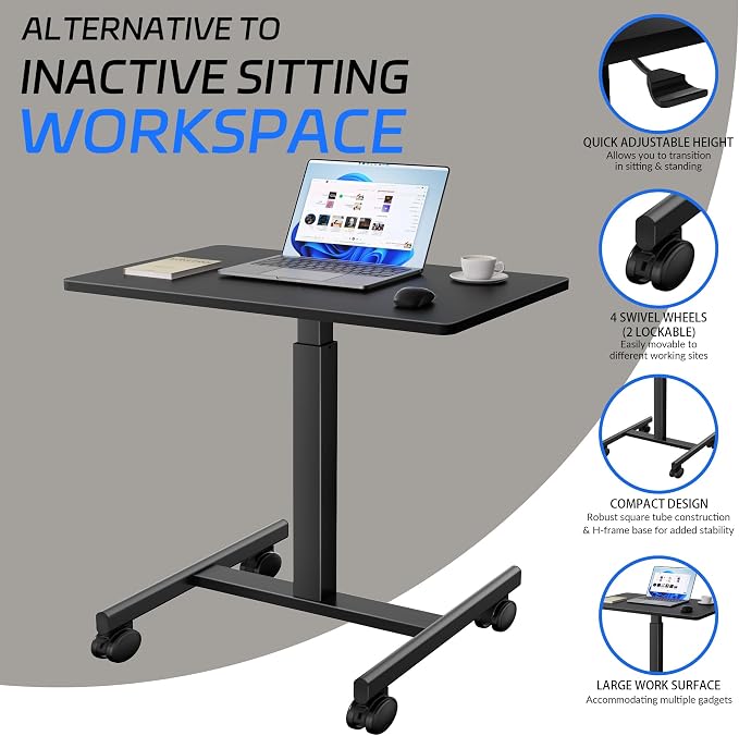 GallopFun Mobile Laptop Standing Desk Adjustable Height, Small Mobile Desk Workstation with Wheels, Portable Rolling Computer Desk Cart for Home Office Classroom (Black)