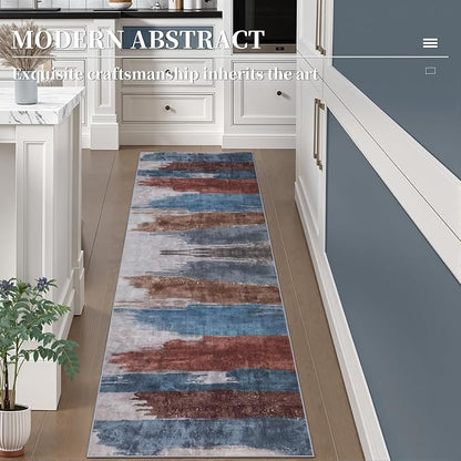 Ciicool 2x6 Washable Runner Rug, Modern Abstract Hallway Rugs Runner, Non-Slip Thin Accent Rug Lightweight Blue Brown Print Distressed Carpet for Laundry Entryway Bedroom Kitchen Indoor
