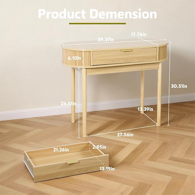 Fluted Small Computer Desk with Drawer, 40 Inch Mid-Century Modern Writing Desk with Solid Wood Legs,Compact Study Table for Small Spaces, Home Office, Bedroom,Natural