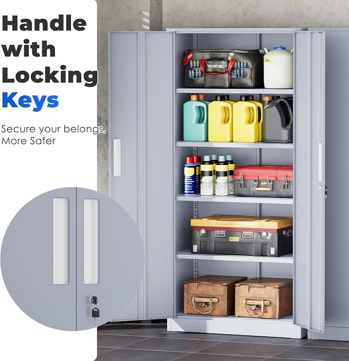 INTERGREAT Garage Storage Cabinet with Lock, 72" Metal Storage Cabinet with Locking Doors and 4 Adjustable Shelves, Lockable Tool Steel Cabinet for Home Office, School, Cement Grey