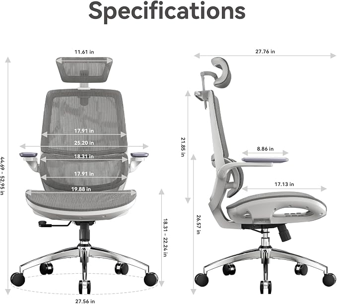 SIHOO M59AS Ergonomic Office Chair, Desk Chair with 3D Flip-up Armrests, Computer Chair with Dual Back Design and Adaptive Dynamic Lumbar Support Grey