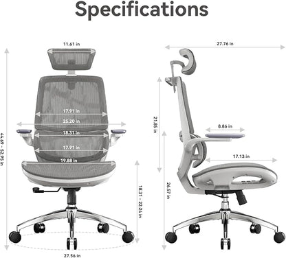 SIHOO M59AS Ergonomic Office Chair, Desk Chair with 3D Flip-up Armrests, Computer Chair with Dual Back Design and Adaptive Dynamic Lumbar Support Grey