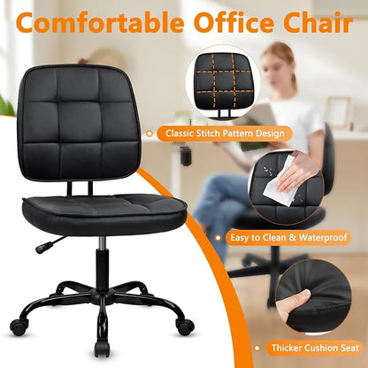 CLATINA Armless Home Office Chair with Lumbar Support and Wheels, Small PU Leather Ergonomic Low Back Desk Chairs No Arms, Adjustable Height 360° Swivel Rolling Computer Task Chair, Black