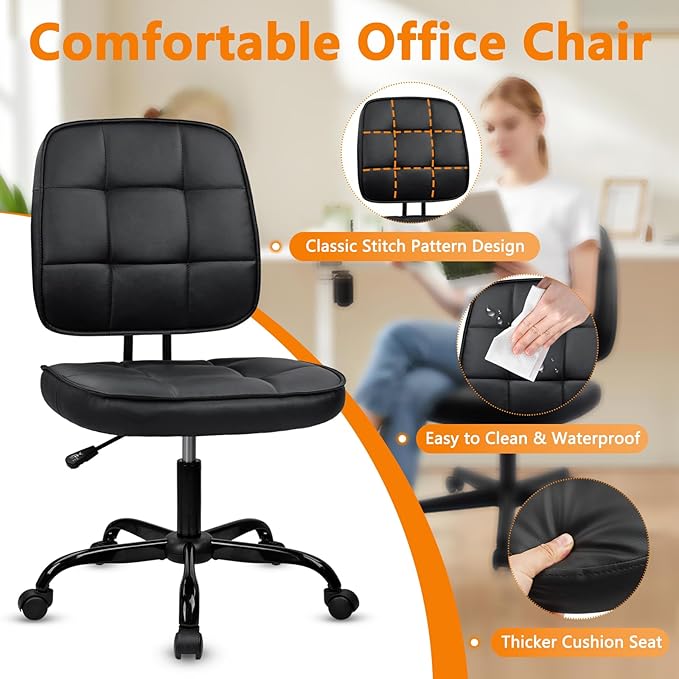 CLATINA Home Office Chair No Arms with Wheels, Armless Small Leather Ergonomic Low Back Desk Chairs Adjustable Height 360° Swivel Rolling Computer Task Chair for Work Reading Conference Room, Black
