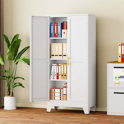 pozdeg 61" Tall Metal Storage Cabinet with 2 Doors & 3 Adjustable Shelves, Steel File Cabinet Multipurpose Organizer for Home Office Garage (White)