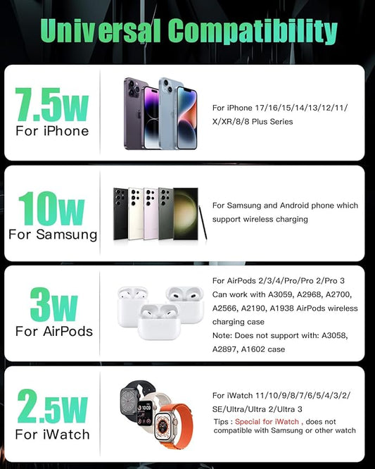 JARGOU 3 in 1 Charging Station for Apple Wireless Charger for iPhone 17 16e 16 15 14 13 12 11 X 8 & for iWatch Charger Wireless Charging Station for Multiple Devices for AirPods 2/3/4/Pro/Pro 2/Pro 3