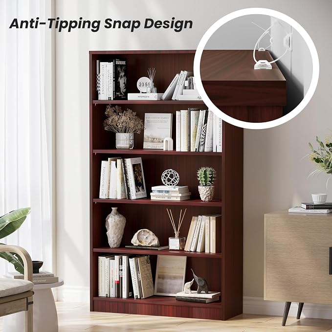 Farini 60 Inch Tall Bookcase,5 Shelf Bookshelves,Adjustable Bookshelf for Home Office,Cherry