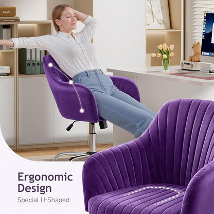 Warmiehomy Vanity Chair, Velvet Home Office Desk Chairs, Comfy Ergonomic Office Chair, Makeup Computer Chair with Arm Rest, Velvet Plum Purple