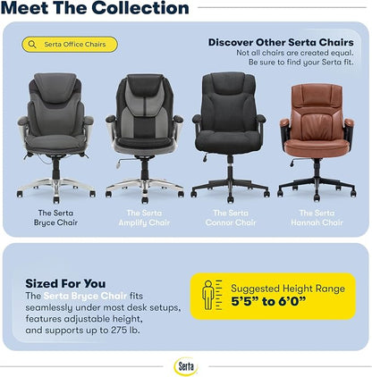 Serta Bryce Executive Office Chair - Ergonomic Computer Desk Chair with Patented AIR Lumbar Technology - Adjustable Height - Memory Foam Body Pillows - 360° Swivel Rolling Base - Bonded Leather - Gray