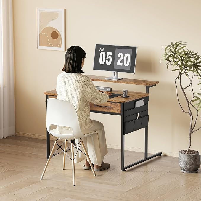 Maihail Small Desk with Drawers, 31.5X15.8-22.9 Inches Office Computer Desk with Side Pocket & Ergonomic Monitor Stand, Writing Table for Small Spaces, Bedroom, Kids Desk, Vanity Desk, Rustic Brown