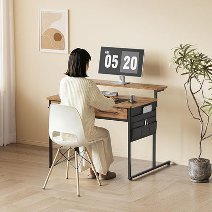 Maihail Small Desk with Drawers, 31.5X15.8-22.9 Inches Office Computer Desk with Side Pocket & Ergonomic Monitor Stand, Writing Table for Small Spaces, Bedroom, Kids Desk, Vanity Desk, Rustic Brown