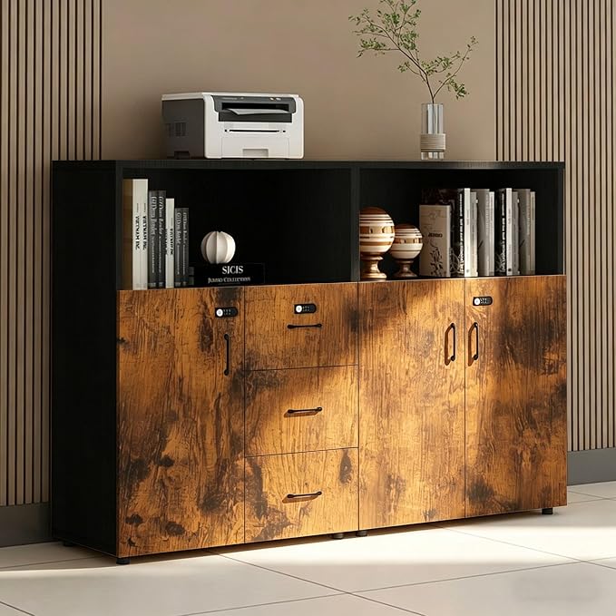 File Cabinet with Password Lock, Wood Lateral Filing Cabinet for Letter/A4 Files, 3 Drawer with Door, Printer Stand with Open Shelves for Home Office