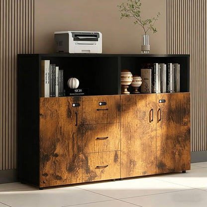 File Cabinet with Password Lock, Wood Lateral Filing Cabinet for Letter/A4 Files, 3 Drawer with Door, Printer Stand with Open Shelves for Home Office