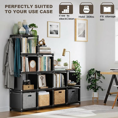 Mavivegue Book Shelf, 12 Cube Storage Organizer, DIY Bookcase, Metal Bookshelf,Tall Book case for Bedroom, Living Room,Office,Closet, Black Cubicle Rack