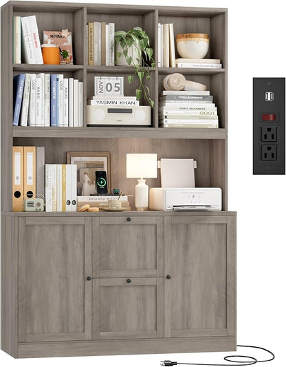 HIFIT 72'' Tall File Bookcase with Power Outlet & Printer Stand, 2 Drawer File Cabinets for Home Office Hanging Letter/A4 File, Storage Cabinet with 3 Tier Book Shelf & Doors For Living Room, Ash Grey